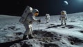 Astronauts perform repairs on moon desolate surface in cosmic viewpoint. Teamwork, exploration key as conduct mission, examining Royalty Free Stock Photo