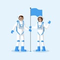 Astronauts planting flag flat vector illustration. Male and female smiling cosmonauts wearing spacesuits, waving hand