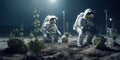 astronauts planting threes and plants on the moon, futuristic experiment on terraformation, space colonization