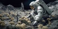 astronauts planting threes and plants on the moon or Mars, futuristic experiment on terraformation, space colonization