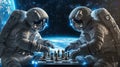Astronauts playing chess with Earth in the background Royalty Free Stock Photo