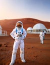 Astronauts in pristine white spacesuits explore Mars\' red surface near dome habitats, showcasing realistic details of space