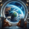 Astronauts Relaxing in Space Station with Earth View
