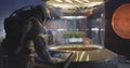 Astronauts and robot examining plant incubator