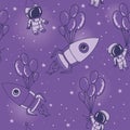 Astronauts, rocket with balloons on seamless starry background