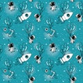 Astronauts, rocket with balloons on seamless starry background Royalty Free Stock Photo