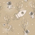 Astronauts, rocket with balloons on seamless starry background