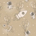 Astronauts, rocket with balloons on seamless starry background Royalty Free Stock Photo