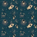 Astronauts, rocket with balloons on seamless starry background Royalty Free Stock Photo