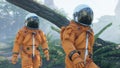 The astronauts-scientists are studying a foreign green deserted planet. 3D Rendering.