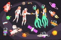 Astronauts Shaking Hands With Extraterrestrial Beings In Space Surrounded By Travel Related Objects Royalty Free Stock Photo