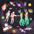 Astronauts Shaking Hands With Extraterrestrial Beings In Space Surrounded By Travel Related Objects Royalty Free Stock Photo