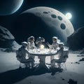 Astronauts Sitting At Around Table On The Moon With A Mystical Futuristic Object Generative AI