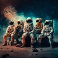 Astronauts sitting on chairs in front of the moon. Generative AI