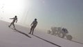 Astronauts on snowy alien winter landscape. Realistic 3D render