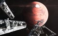 Astronauts, space stations on the background of Mars. Red planet of the solar system. 3D render