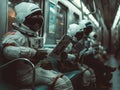 Astronauts in space suits in subway car commute Royalty Free Stock Photo