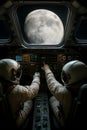 Astronauts in Spacecraft Approaching Moon Royalty Free Stock Photo