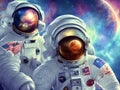 Astronauts spacemen floating in space with universe and planets in background