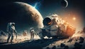 Astronauts with spaceship exploring an asteroid in space 3D rendering, Generative Ai Royalty Free Stock Photo