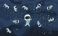Astronauts in spacesuits. Cosmos background. Childrens illustration. Starry sky landscape. Dark colors. Flat style