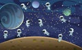 Astronauts in spacesuits. Cosmos background. Planets. Childrens illustration. Starry sky landscape. Dark colors. Flat