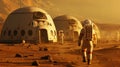 Astronauts in spacesuits walking on the Martian surface with habitat domes under a golden sky, AI Generated