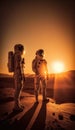 astronauts standing in the sunrise at planet mars