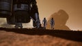 Astronauts walk on the surface of Mars after landing in a rocket. Panoramic landscape on the surface of Mars. 3D