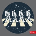 Astronauts walking through pedestrian crossing or zebra crossing. Stars on background. Comic style vector illustrat