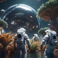 astronauts walking through water with plants and trees.