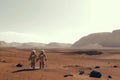 Astronauts wearing space suits walking on red planet. Generative AI