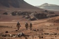 Astronauts wearing space suits walking on red planet. Generative AI