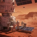 Astronauts in white space suits work on a Mars base, assembling solar panels