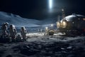 Astronauts working in the moon surface near a permanent base camp