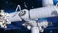 Astronauts working on space station, cosmonauts floating outside of spacecraft airlock, 3D render Royalty Free Stock Photo