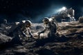 Astronauts working taking samples in the moon surface near a rover
