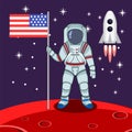 Red planet  mars landscape with astronaut and rocket and us flag Royalty Free Stock Photo