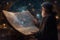 A astronomer gazing up at the night sky filled with stars, holding an antique cosmology chart or sand tray in hand. The movement