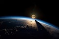 astronomer, studying the details of solar eclipse with telescope and notebook