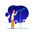 Astronomer with telescope at night sky icon, cartoon style Royalty Free Stock Photo