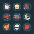Astronomic round set of flat space icons