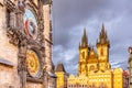 Astronomical clock, Czech: Orloj, and Church of Our Lady before Tyn at Old Town Square in Prgue, Czech Republic Royalty Free Stock Photo