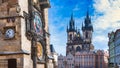 Astronomical clock in the old square of Prague with the church of the Virgin Mary of Tyn Royalty Free Stock Photo