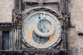 Astronomical Clock Orloj closeup in Czech Republic, Europe. Vintage style. Prague clock tower detail. Clock Prague on Old Town Royalty Free Stock Photo