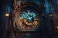 Astronomical clock from Prague as portal opening into space, midnight sky full of stars, galaxies and planets. AI generative