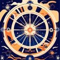 Astronomical clock in retro style. Vector illustration. EPS 10 generative AI Royalty Free Stock Photo