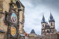 Astronomical clock, Tyn church and old town hall tower in Prague, Czech republic Royalty Free Stock Photo