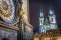 Astronomical clock, Tyn church and old town hall tower in Prague, Czech republic Royalty Free Stock Photo