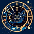 Astronomical clock with zodiac signs. Horoscope and astrology concept. Vector illustration Generative AI Royalty Free Stock Photo